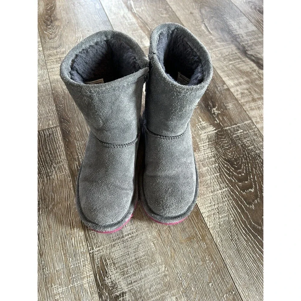 Bearpaw Elle Toddler Girls Size 11 Gray Pink Sole Ankle Fur Leather Booties